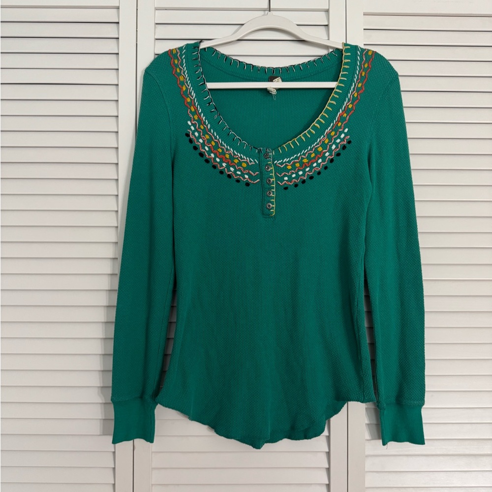 We The Free Thermal Top Henley Teal Boho Embroidered Hippie Sz L